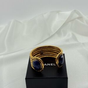 CHANEL Vintage Gold and Blue Stone Cuff Bracelet
